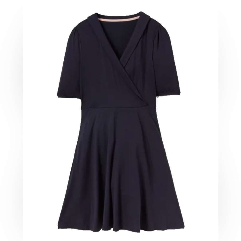Navy blue faux wrap jersey Boden dress US 8/UK 12 EUC Elbow Sleeves, Pockets